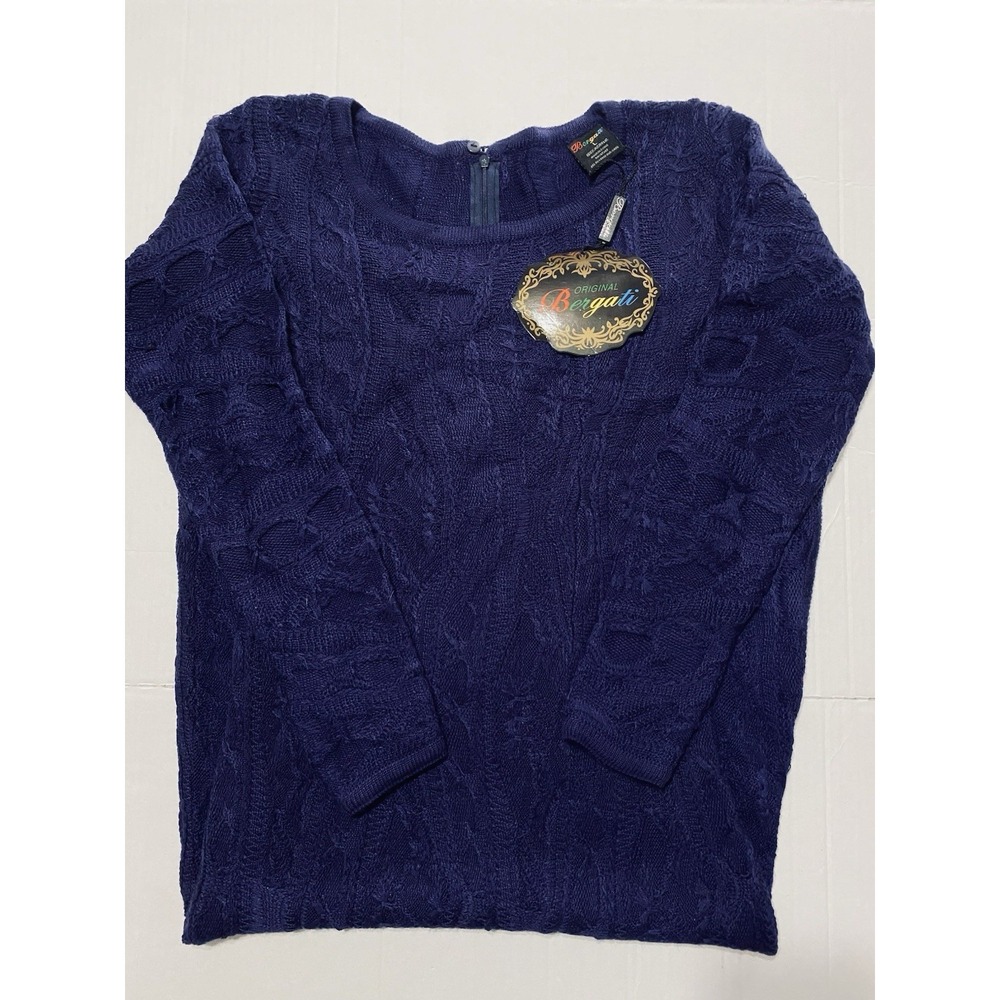 Bergati Navy Blue Cable Knit Midi Sweater Dress Long Sleeve Back Zip Slit L NEW